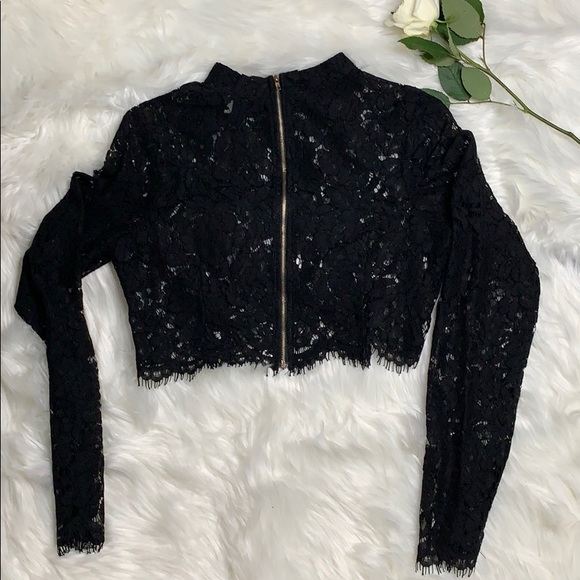 Mock Turtle Neck Long Sleeved Lace Crop Blouse - Picture 2 of 3